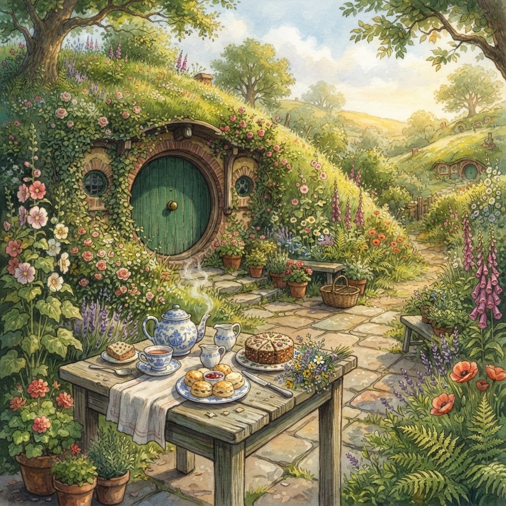 The Second Breakfast realm — a cottage-garden tea table
