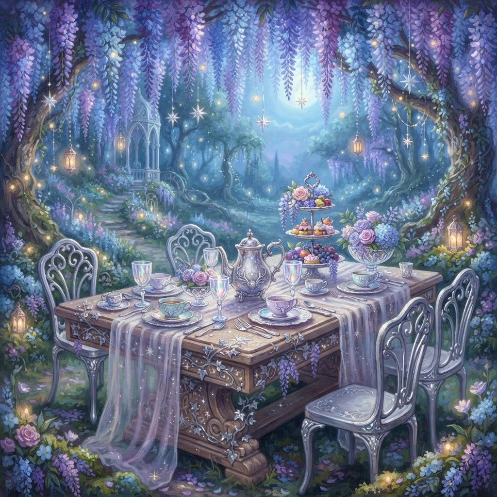 The Fae Court realm — a moonlit tea table beneath wisteria
