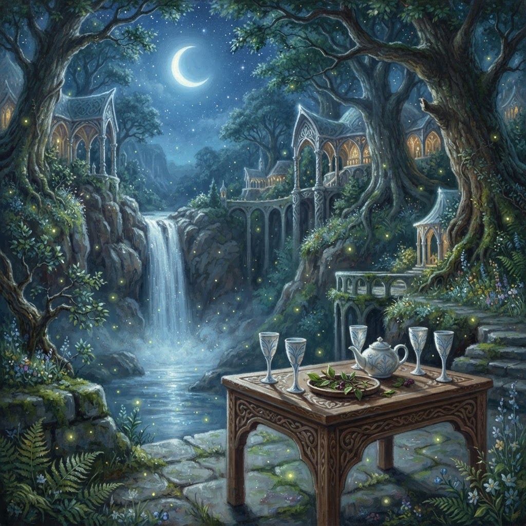 Elven Moonrise realm — an elegant twilight tea beside a waterfall