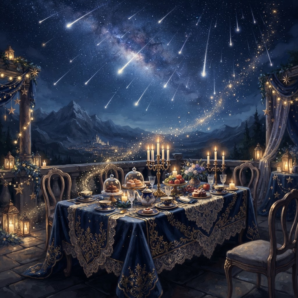 The Starfall Soirée realm — a candlelit table beneath shooting stars